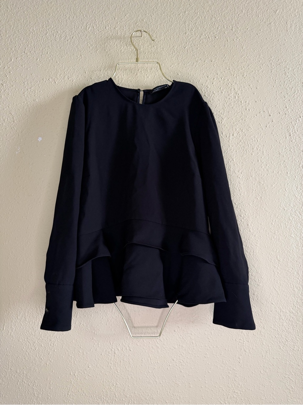 Zara Black Long-Sleeve Ruffle Hem Blouse